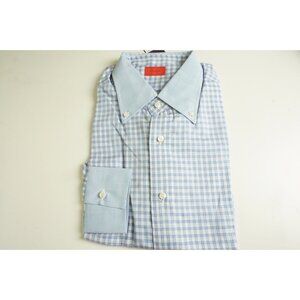 Isaia Linen Blend Blue White Plaid Contrast Collar Dress Shirt Sz 40 BRAND NEW